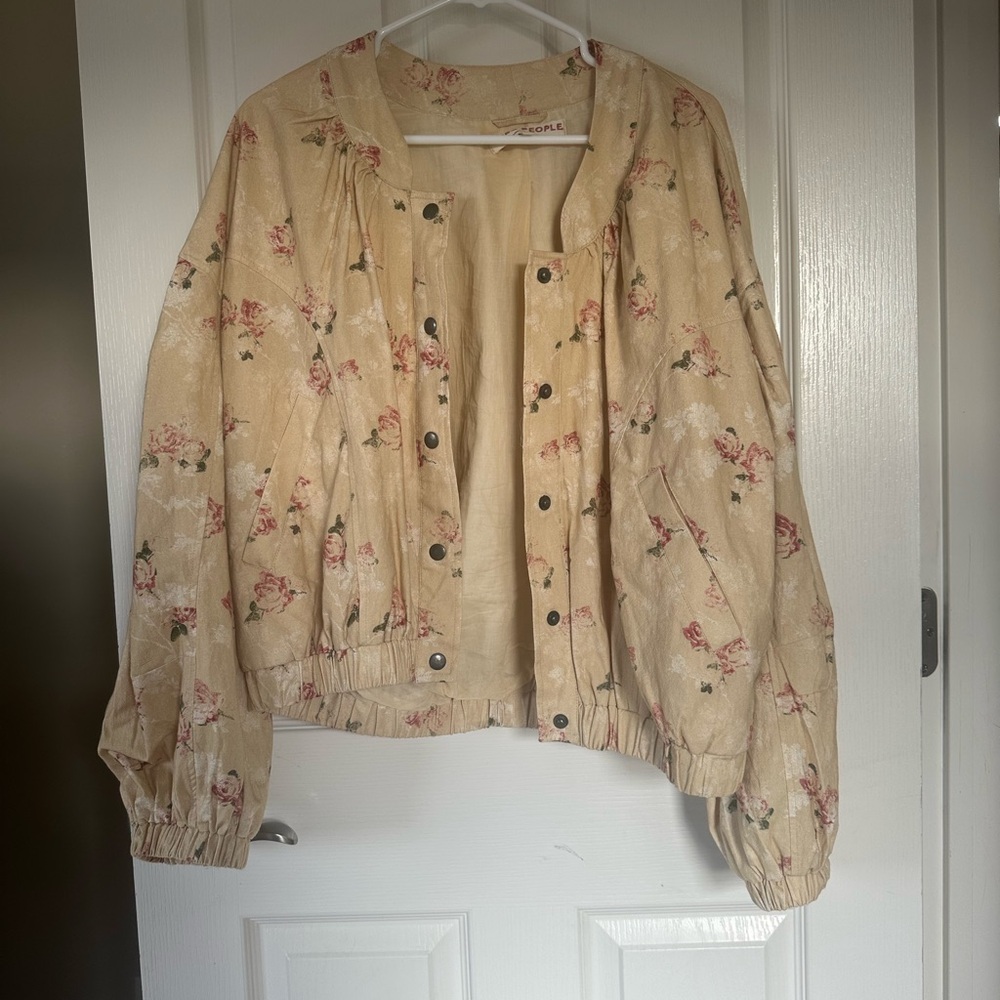 Free People Beige Floral Bomber Jacket